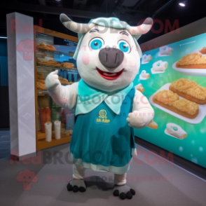 Teal Beef Wellington mascot costume character dressed with a Romper and Shawls