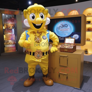 Yellow Treasure Chest mascot costume character dressed with a Oxford Shirt and Digital watches