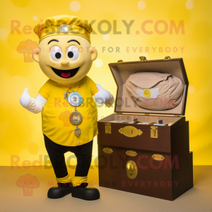 Yellow Treasure Chest mascot costume character dressed with a Oxford Shirt and Digital watches