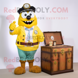 Yellow Treasure Chest mascot costume character dressed with a Oxford Shirt and Digital watches
