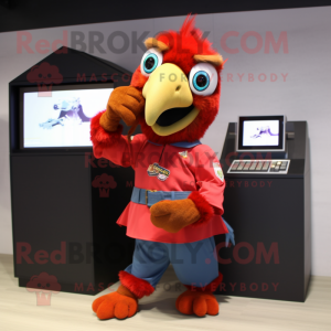 Red Macaw mascot costume character dressed with a Skirt and Digital watches