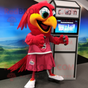 Red Macaw mascot costume character dressed with a Skirt and Digital watches