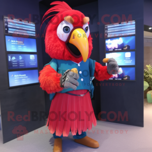 Red Macaw mascot costume character dressed with a Skirt and Digital watches