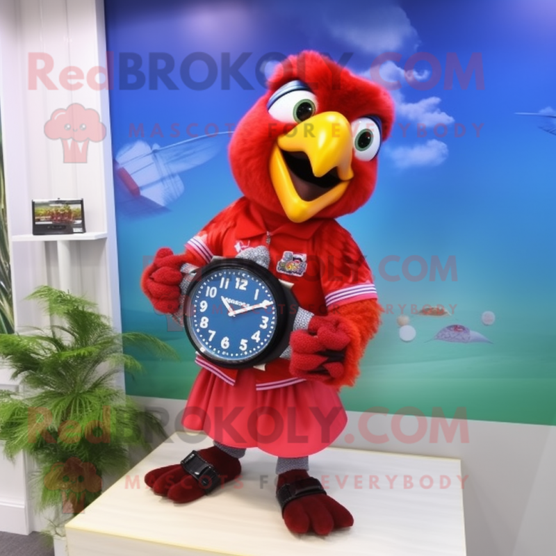 Red Macaw mascot costume character dressed with a Skirt and Digital watches