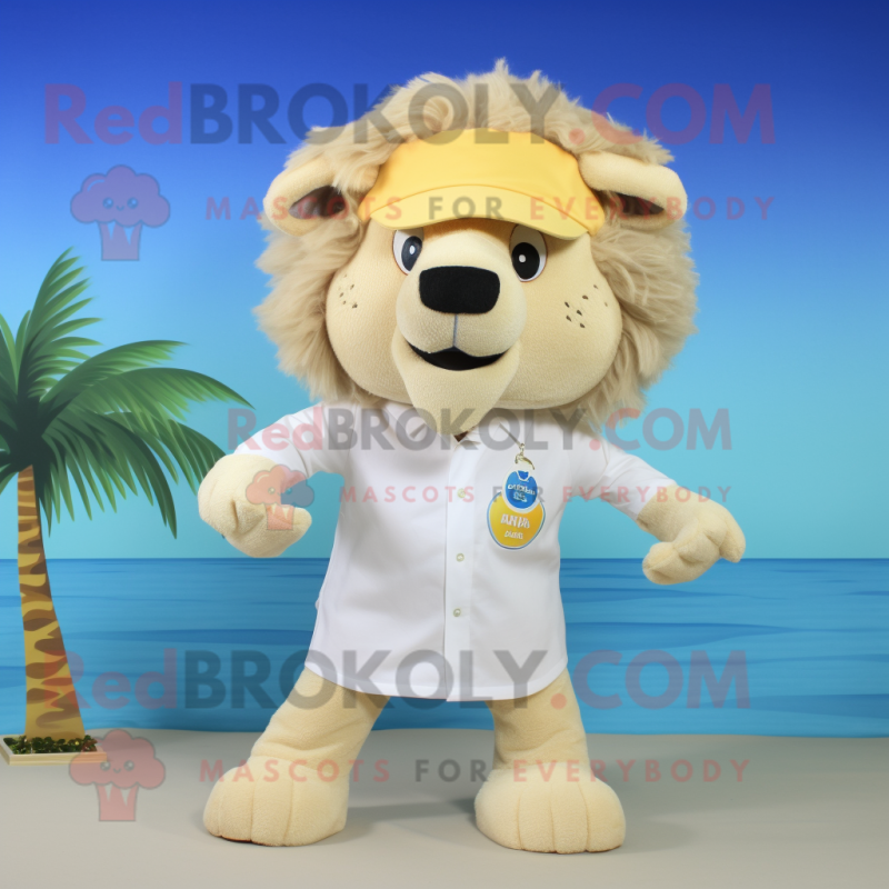 Cream Lion mascot costume character dressed with a Swimwear and Pocket squares