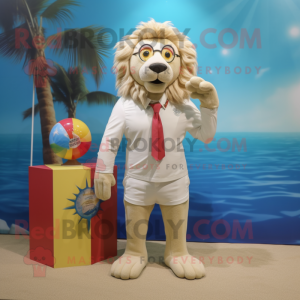 Cream Lion mascot costume character dressed with a Swimwear and Pocket squares