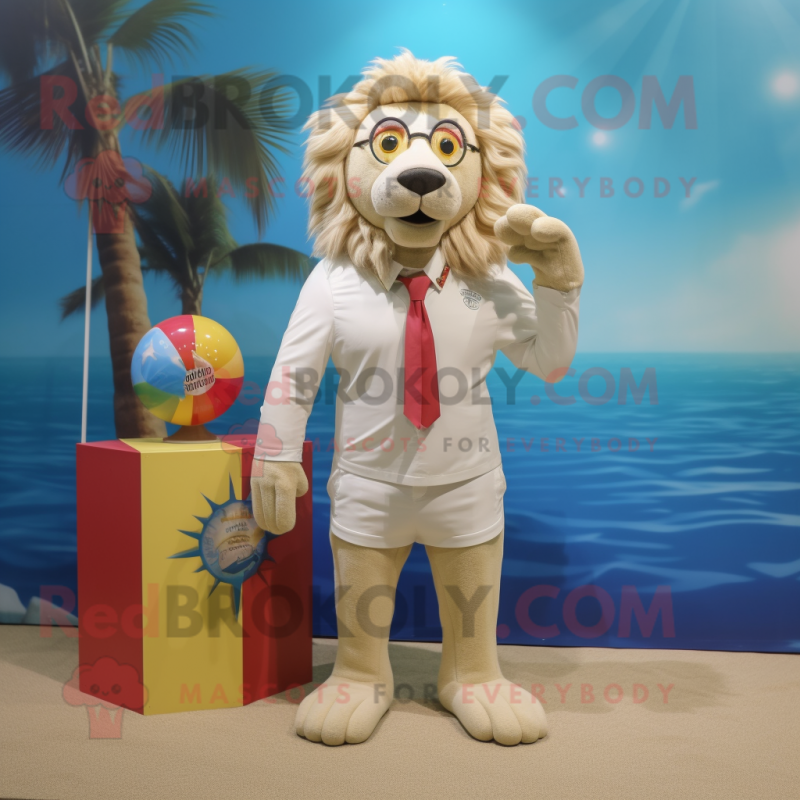 Cream Lion mascot costume character dressed with a Swimwear and Pocket squares Cream Lion mascot costume character dressed with a Swimwear and Pocket squares