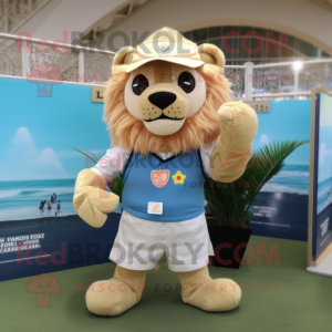 Cream Lion mascot costume character dressed with a Swimwear and Pocket squares