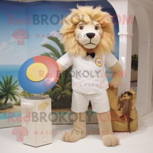 Cream Lion mascot costume character dressed with a Swimwear and Pocket squares