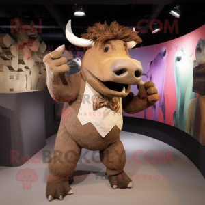 Brown Woolly Rhinoceros mascot costume character dressed with a Trousers and Bow ties