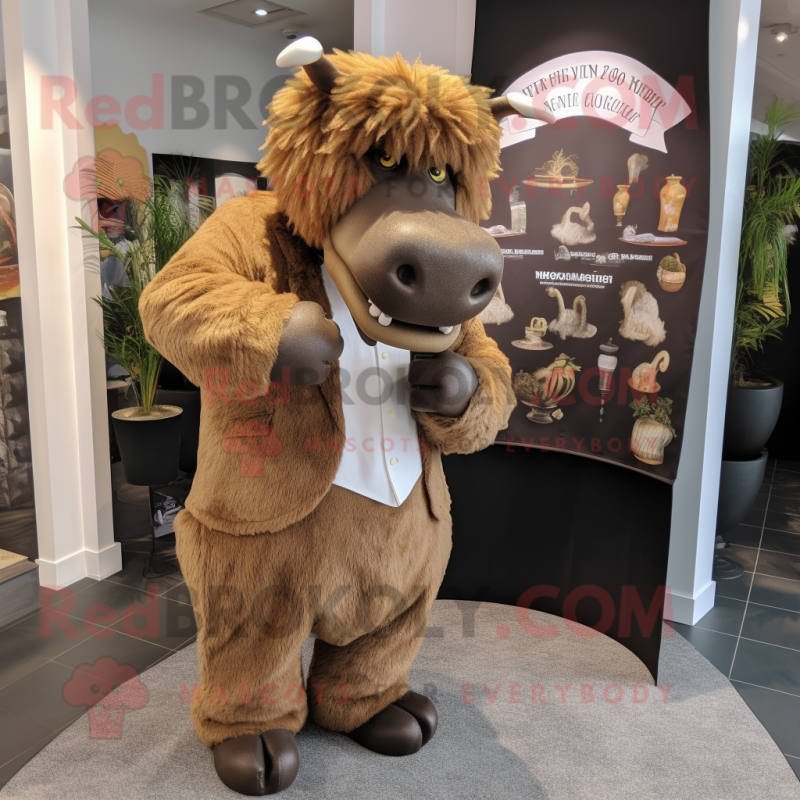 Brown Woolly Rhinoceros mascot costume character dressed with a Trousers and Bow ties