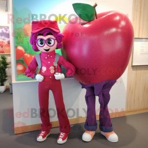 Magenta Apple mascot costume character dressed with a Boyfriend Jeans and Ties