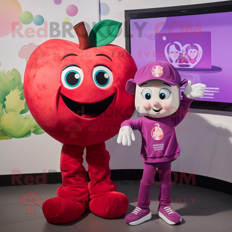 Magenta Apple mascot costume character dressed with a Boyfriend Jeans and Ties Magenta Apple mascot costume character dressed with a Boyfriend Jeans and Ties