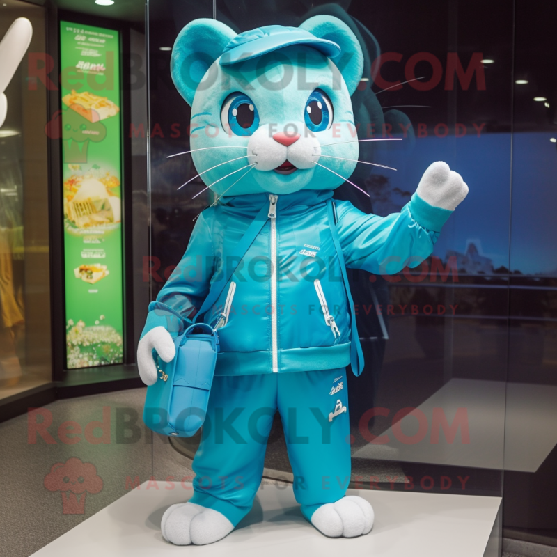 Cyan Cat mascot costume character dressed with a Windbreaker and Clutch bags