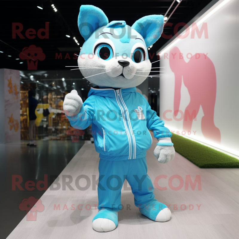 Cyan Cat mascot costume character dressed with a Windbreaker and Clutch bags