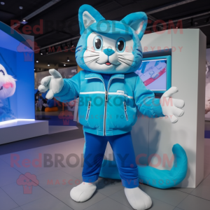 Cyan Cat mascot costume character dressed with a Windbreaker and Clutch bags