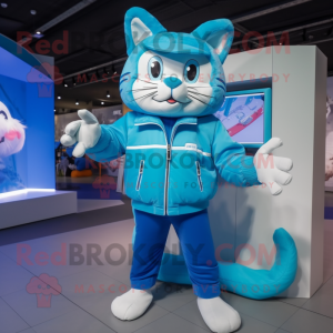 Cyan Cat maskot kostume...