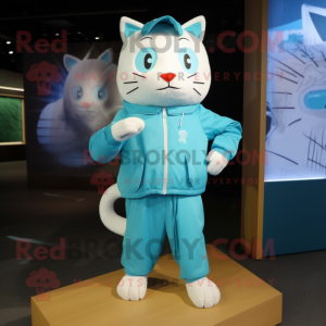 Cyan Cat mascot costume character dressed with a Windbreaker and Clutch bags