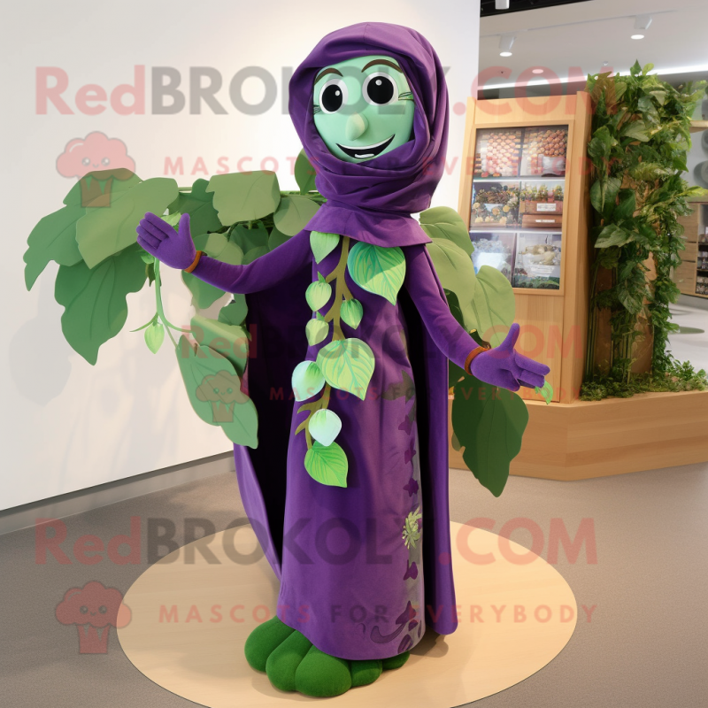 Purple Beanstalk mascot costume character dressed with a Wrap Dress and Shawl pins Purple Beanstalk mascot costume character dressed with a Wrap Dress and Shawl pins