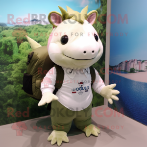 Olive Axolotls mascot costume character dressed with a Poplin Shirt and Backpacks