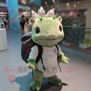 Olive Axolotls mascot costume character dressed with a Poplin Shirt and Backpacks
