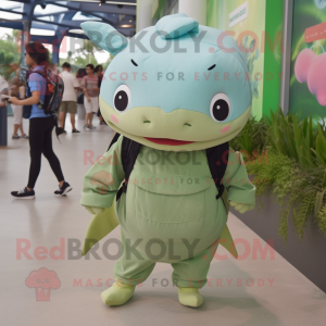 Olive Axolotls mascot costume character dressed with a Poplin Shirt and Backpacks