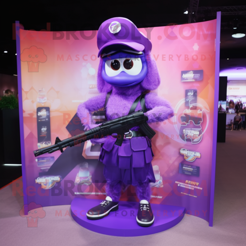 Purple Sniper mascot costume character dressed with a Evening Gown and Headbands Purple Sniper mascot costume character dressed with a Evening Gown and Headbands