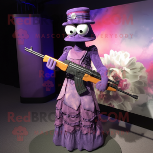 Purple Sniper mascot costume character dressed with a Evening Gown and Headbands