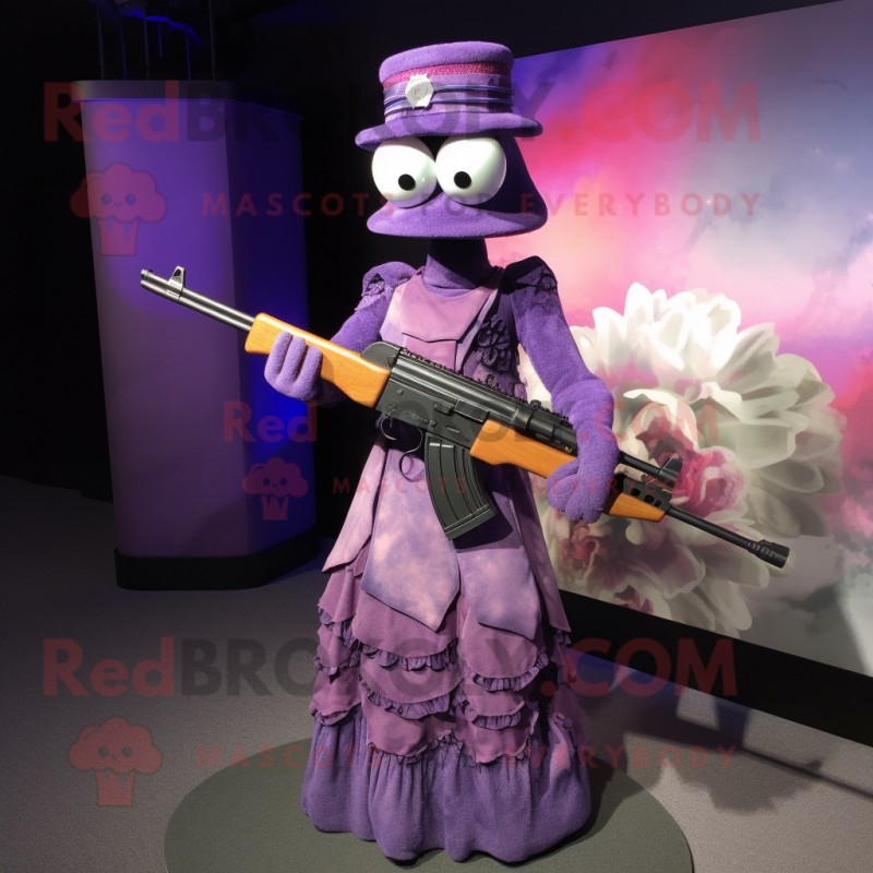Purple Sniper mascot costume character dressed with a Evening Gown and Headbands Purple Sniper mascot costume character dressed with a Evening Gown and Headbands