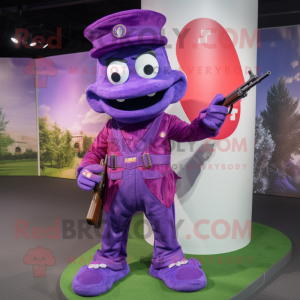 Purple Sniper mascot costume character dressed with a Evening Gown and Headbands