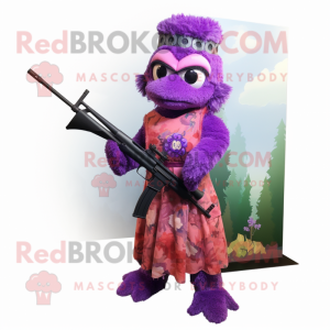 Purple Sniper mascot costume character dressed with a Evening Gown and Headbands