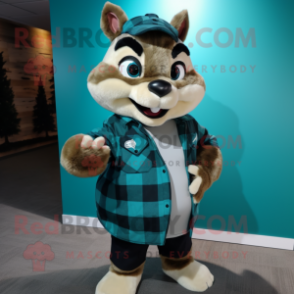 Teal Chipmunk mascot costume character dressed with a Flannel Shirt and Pocket squares