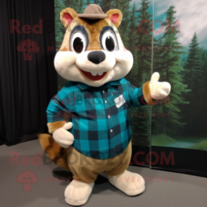 Teal Chipmunk mascot costume character dressed with a Flannel Shirt and Pocket squares