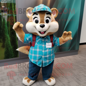 Teal Chipmunk mascot costume character dressed with a Flannel Shirt and Pocket squares