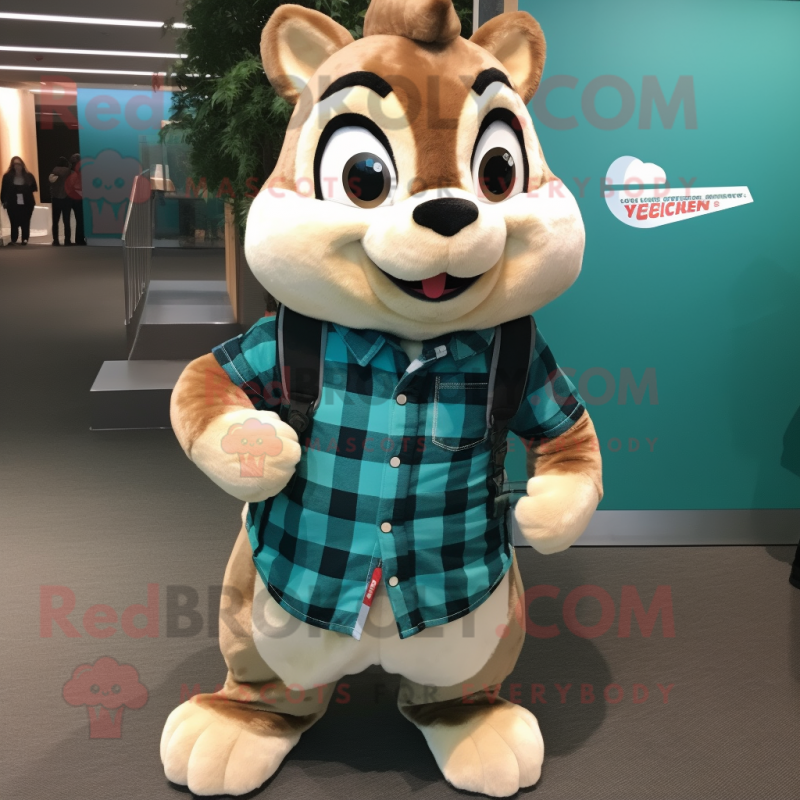 Teal Chipmunk mascot costume character dressed with a Flannel Shirt and Pocket squares