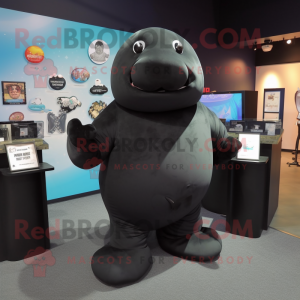 Black Stellar'S Sea Cow mascot costume character dressed with a Long Sleeve Tee and Tie pins