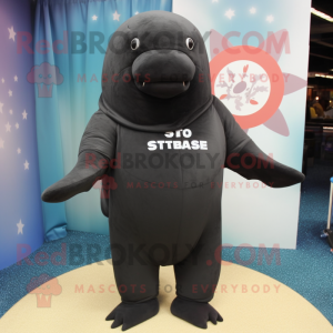 Black Stellar'S Sea Cow mascot costume character dressed with a Long Sleeve Tee and Tie pins