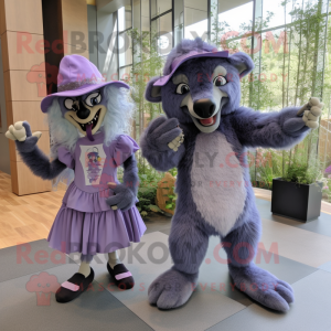 Lavender Werewolf mascot costume character dressed with a Shift Dress and Berets