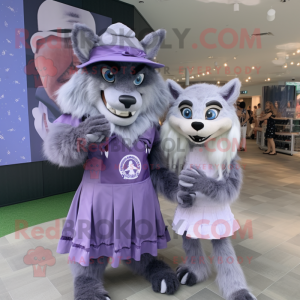 Lavender Werewolf mascot costume character dressed with a Shift Dress and Berets