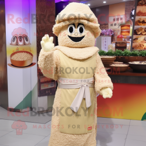 Beige Fried Rice mascot costume character dressed with a Coat and Cummerbunds