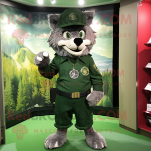 Forest Green Say Wolf mascot costume character dressed with a Shorts and Berets