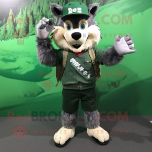 Forest Green Say Wolf mascot costume character dressed with a Shorts and Berets