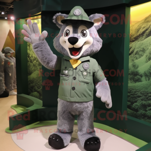 Forest Green Say Wolf mascot costume character dressed with a Shorts and Berets