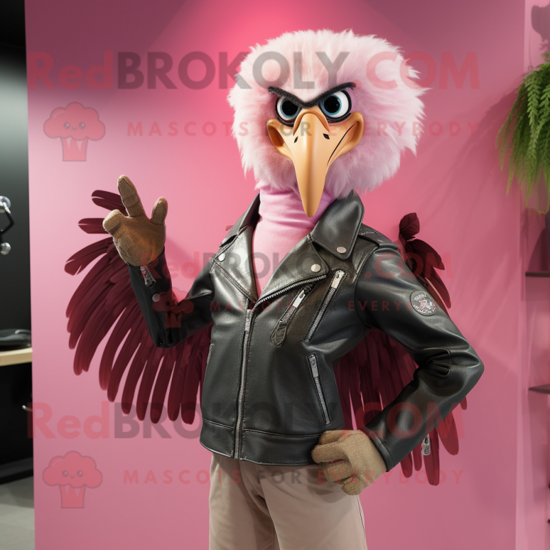 Pink Vulture mascot costume character dressed with a Biker Jacket and Wallets Pink Vulture mascot costume character dressed with a Biker Jacket and Wallets