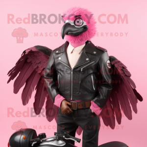 Pink Vulture mascot costume character dressed with a Biker Jacket and Wallets