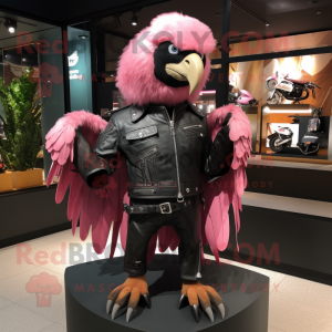 Pink Vulture mascot costume character dressed with a Biker Jacket and Wallets