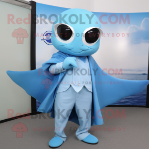 Sky Blue Stingray mascot costume character dressed with a Suit Pants and Wraps