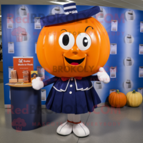 Navy Pumpkin mascot costume character dressed with a Pencil Skirt and Keychains