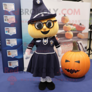 Navy Pumpkin mascot costume character dressed with a Pencil Skirt and Keychains