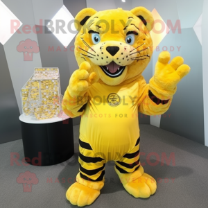Lemon Yellow Saber-Toothed Tiger mascot costume character dressed with a Jumpsuit and Coin purses